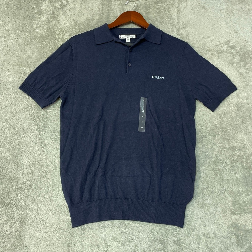 NWT Guess Polo Shirt Mens M Blue Cotton Blend Knit Short Sleeve Sweater